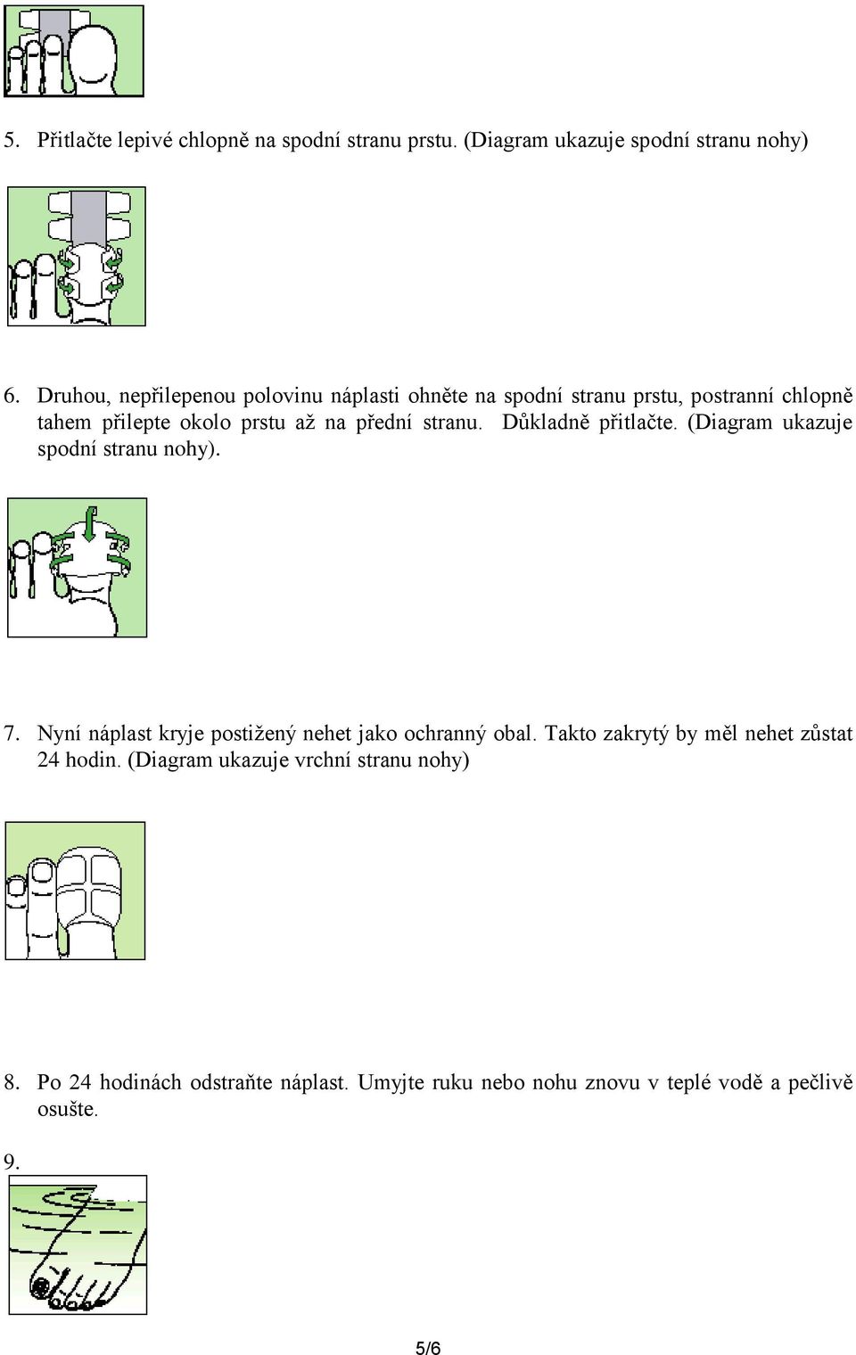 stranu. Důkladně přitlačte. (Diagram ukazuje spodní stranu nohy). 7. Nyní náplast kryje postižený nehet jako ochranný obal.