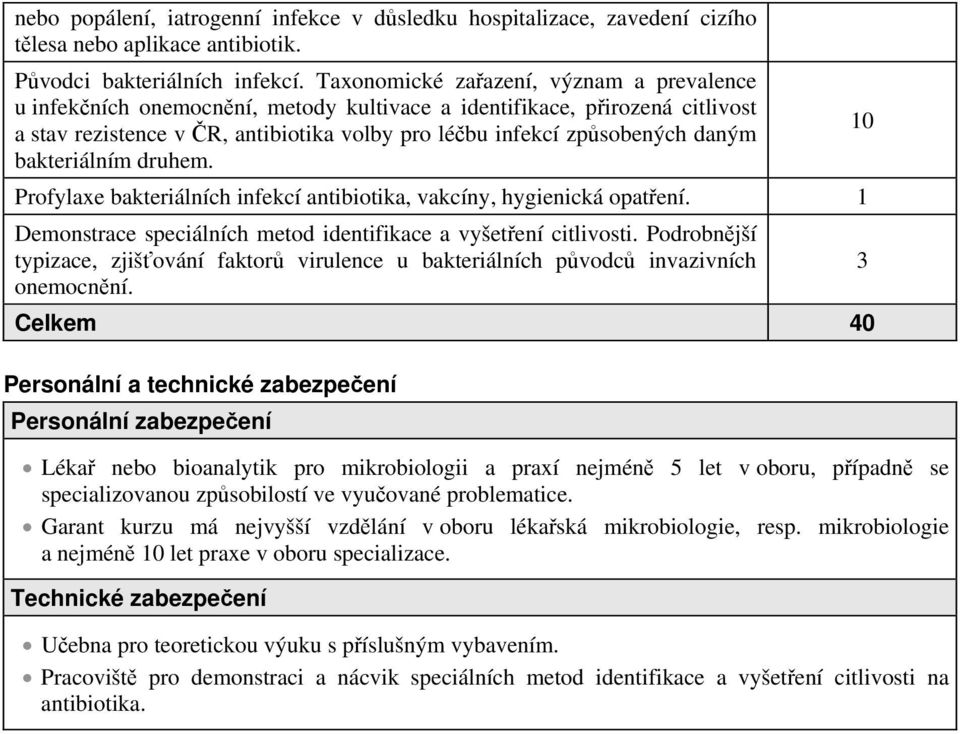 bakteriálním druhem. Profylaxe bakteriálních infekcí antibiotika, vakcíny, hygienická opatření. Demonstrace speciálních metod identifikace a vyšetření citlivosti.