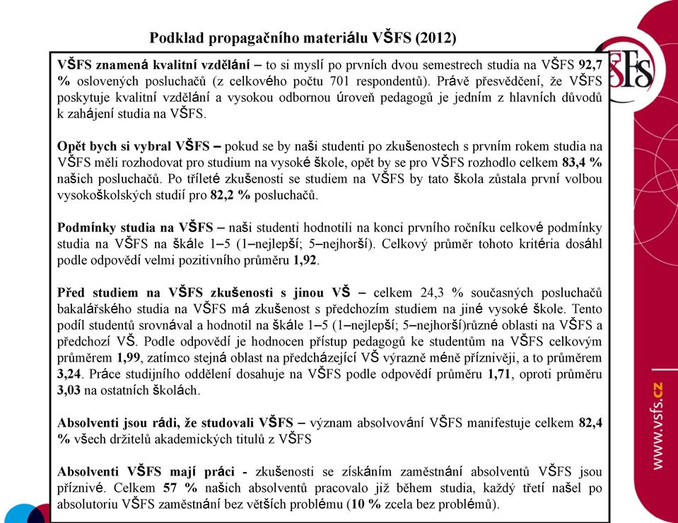 Opět bych si vybral VŠFS pokud se by naši studenti po zkušenostech s prvním rokem studia na VŠFS měli rozhodovat pro studium na vysoké škole, opět by se pro VŠFS rozhodlo celkem 83,4 % našich