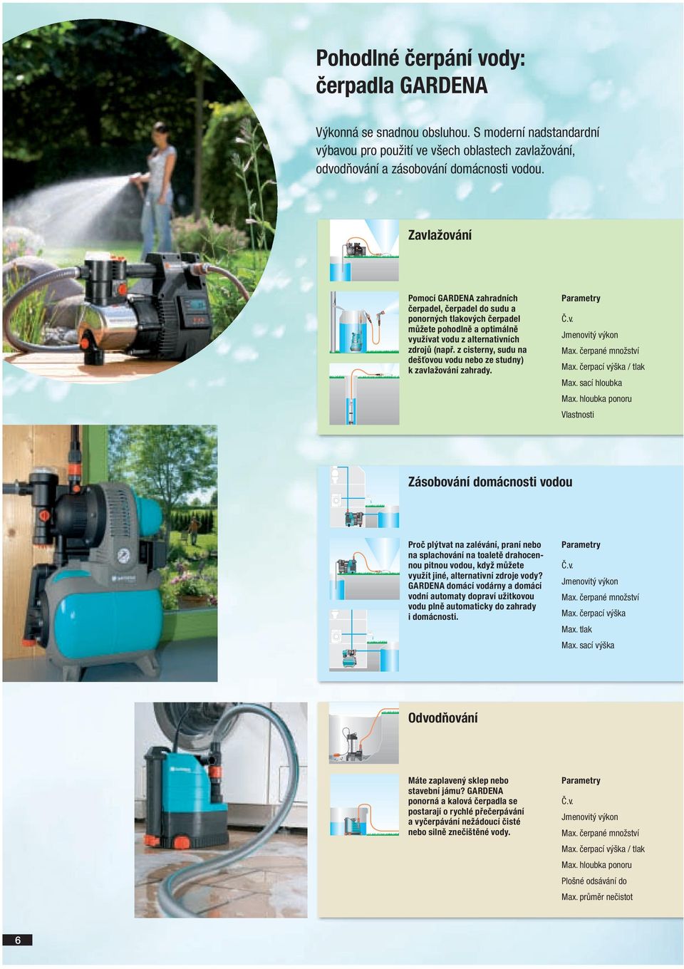z cisterny, sudu na dešťovou vodu nebo ze studny) k zavlažování zahrady. Parametry Č.v. Jmenovitý výkon Max. čerpané množství Max. čerpací výška / tlak Max. sací hloubka Max.