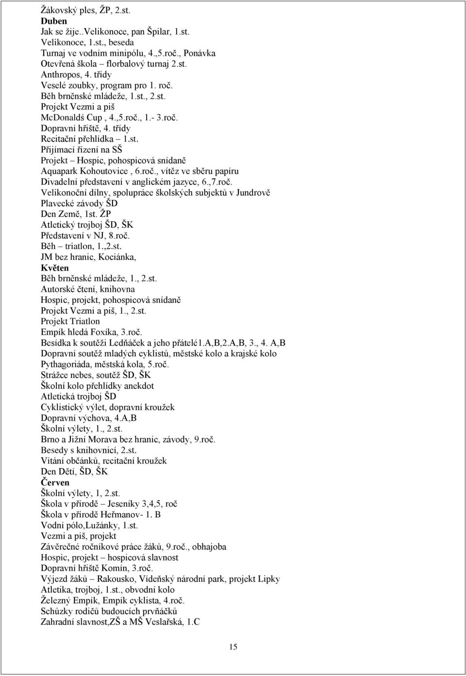 roč., vítěz ve sběru papíru Divadelní představení v anglickém jazyce, 6.,7.roč. Velikonoční dílny, spolupráce školských subjektů v Jundrově Plavecké závody ŠD Den Země, 1st.