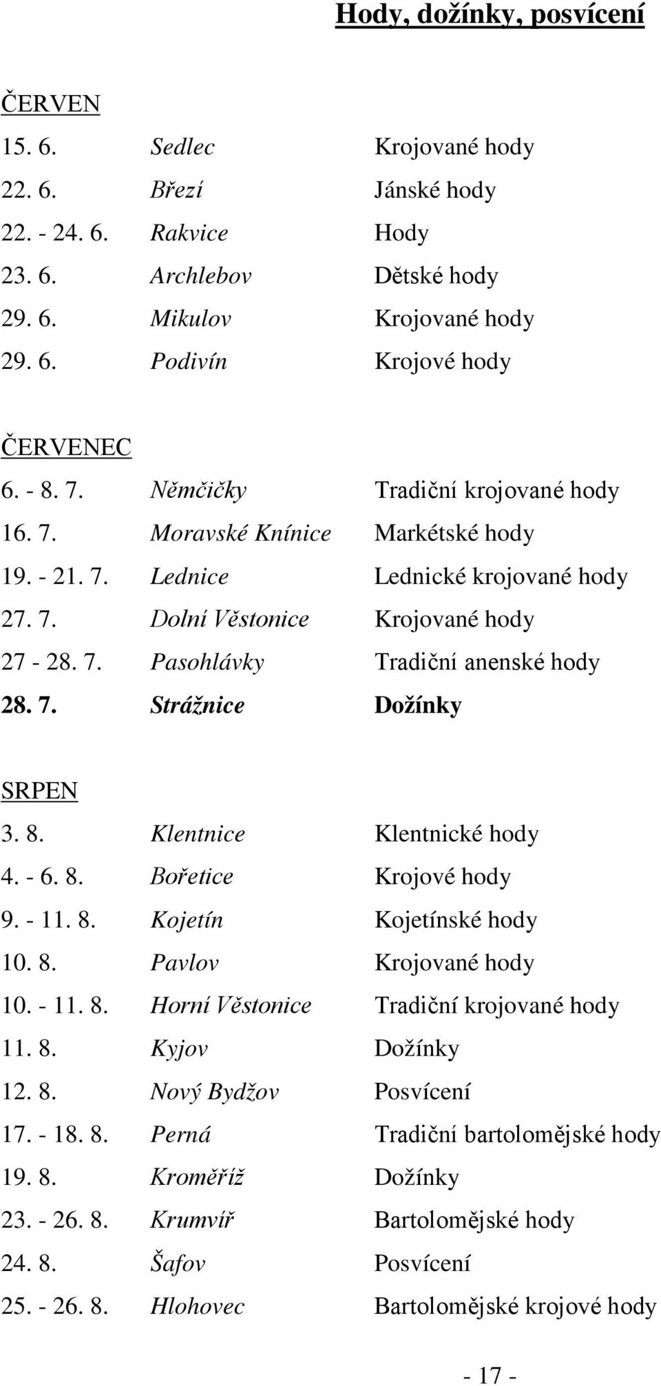 7. Strážnice Dožínky SRPEN 3. 8. Klentnice Klentnické hody 4. - 6. 8. Bořetice Krojové hody 9. - 11. 8. Kojetín Kojetínské hody 10. 8. Pavlov Krojované hody 10. - 11. 8. Horní Věstonice Tradiční krojované hody 11.