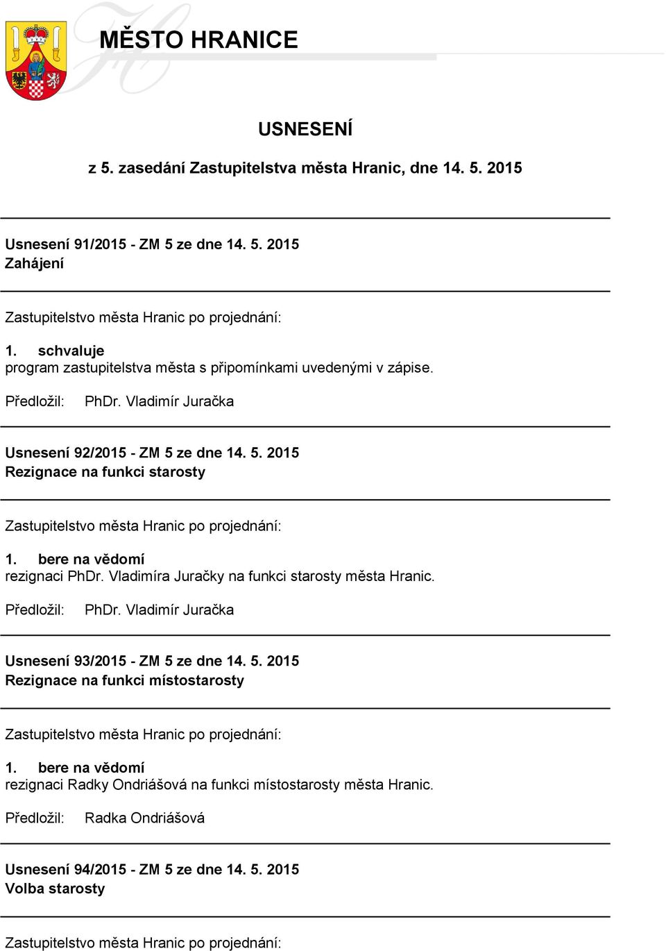 Vladimíra Juračky na funkci starosty města Hranic. PhDr. Vladimír Juračka Usnesení 93/2015 - ZM 5 ze dne 14. 5. 2015 Rezignace na funkci místostarosty 1.