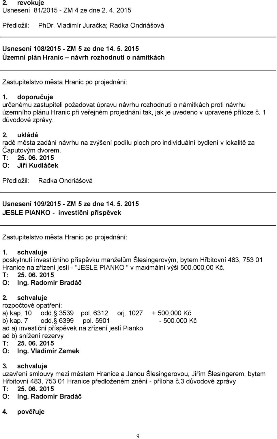 2. ukládá radě města zadání návrhu na zvýšení podílu ploch pro individuální bydlení v lokalitě za Čaputovým dvorem. O: Jiří Kudláček Radka Ondriášová Usnesení 109/2015 - ZM 5 