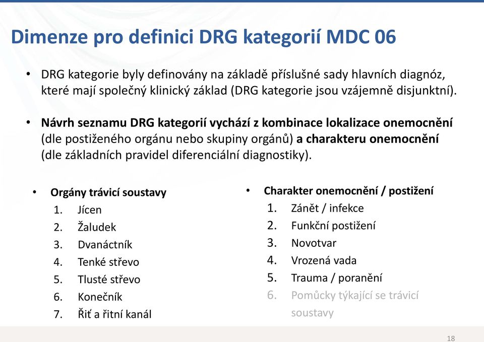 Návrh seznamu DRG kategorií vychází z kombinace lokalizace onemocnění (dle postiženého orgánu nebo skupiny orgánů) a charakteru onemocnění (dle základních pravidel