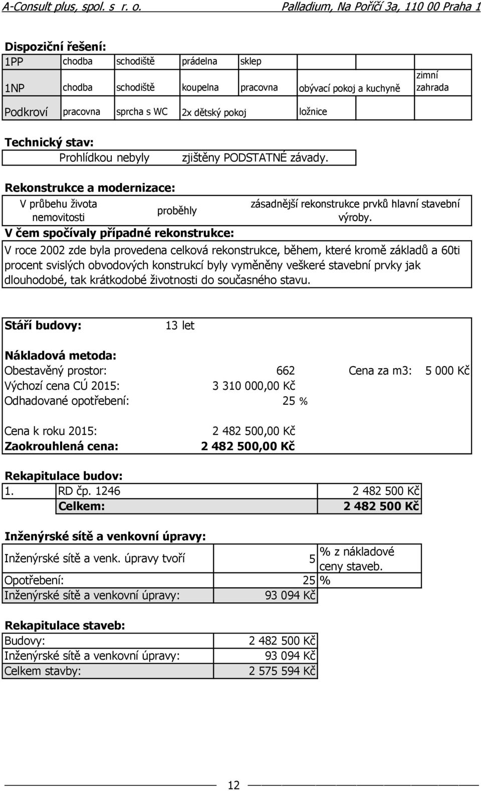 Rekonstrukce a modernizace: V průbehu života proběhly nemovitosti V čem spočívaly případné rekonstrukce: zásadnější rekonstrukce prvků hlavní stavební výroby.