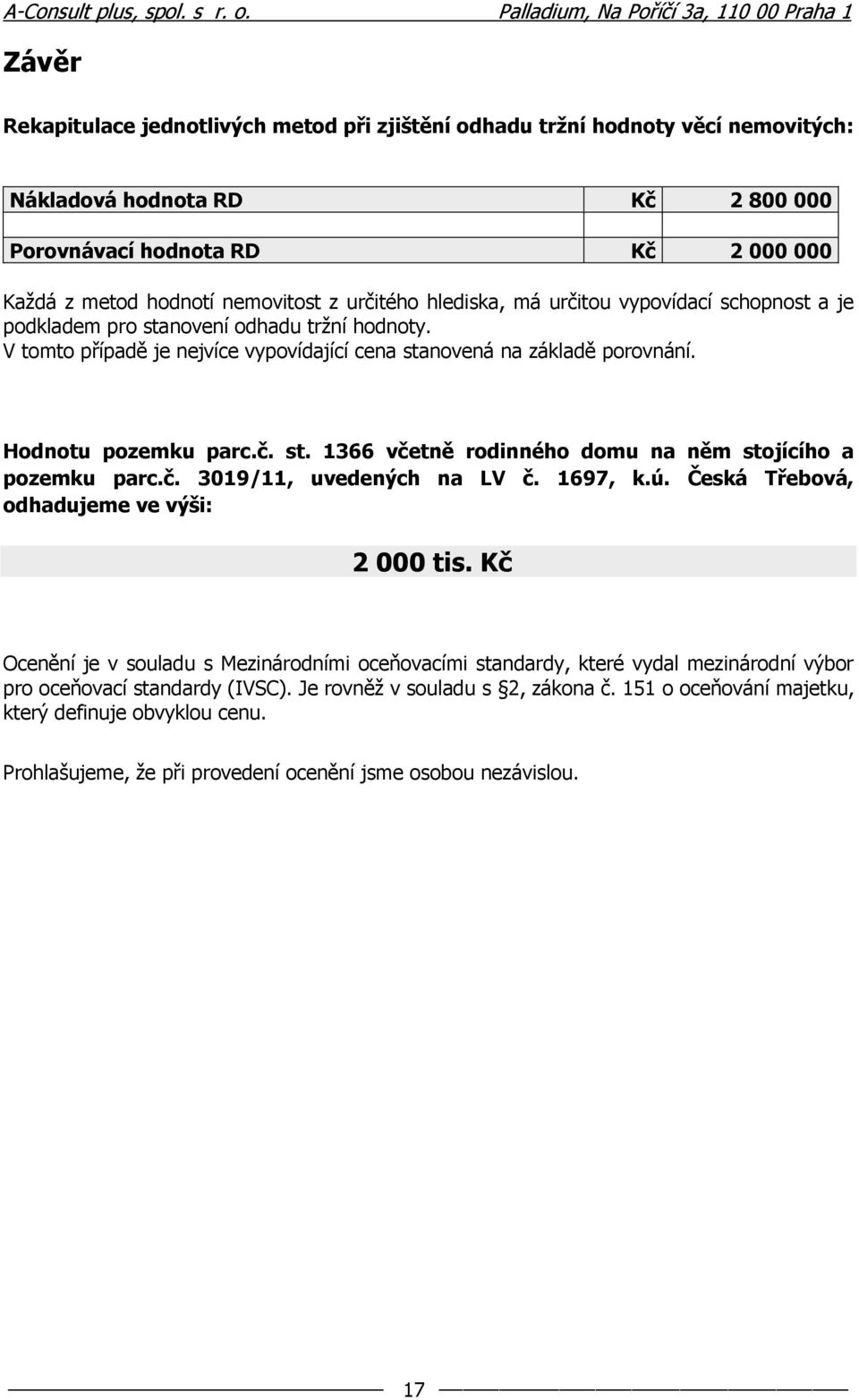 č. st. 1366 včetně rodinného domu na něm stojícího a pozemku parc.č. 3019/11, uvedených na LV č. 1697, k.ú. Česká Třebová, odhadujeme ve výši: 2 000 tis.