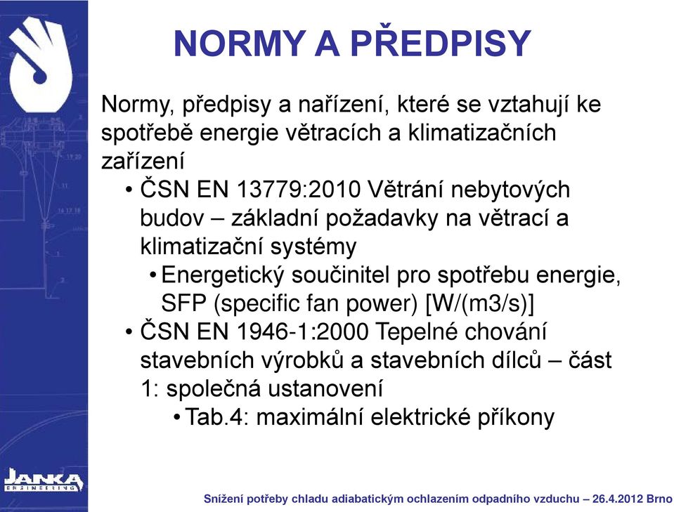 klimatizační systémy Energetický součinitel pro spotřebu energie, SFP (specific fan power) [W/(m3/s)] ČSN