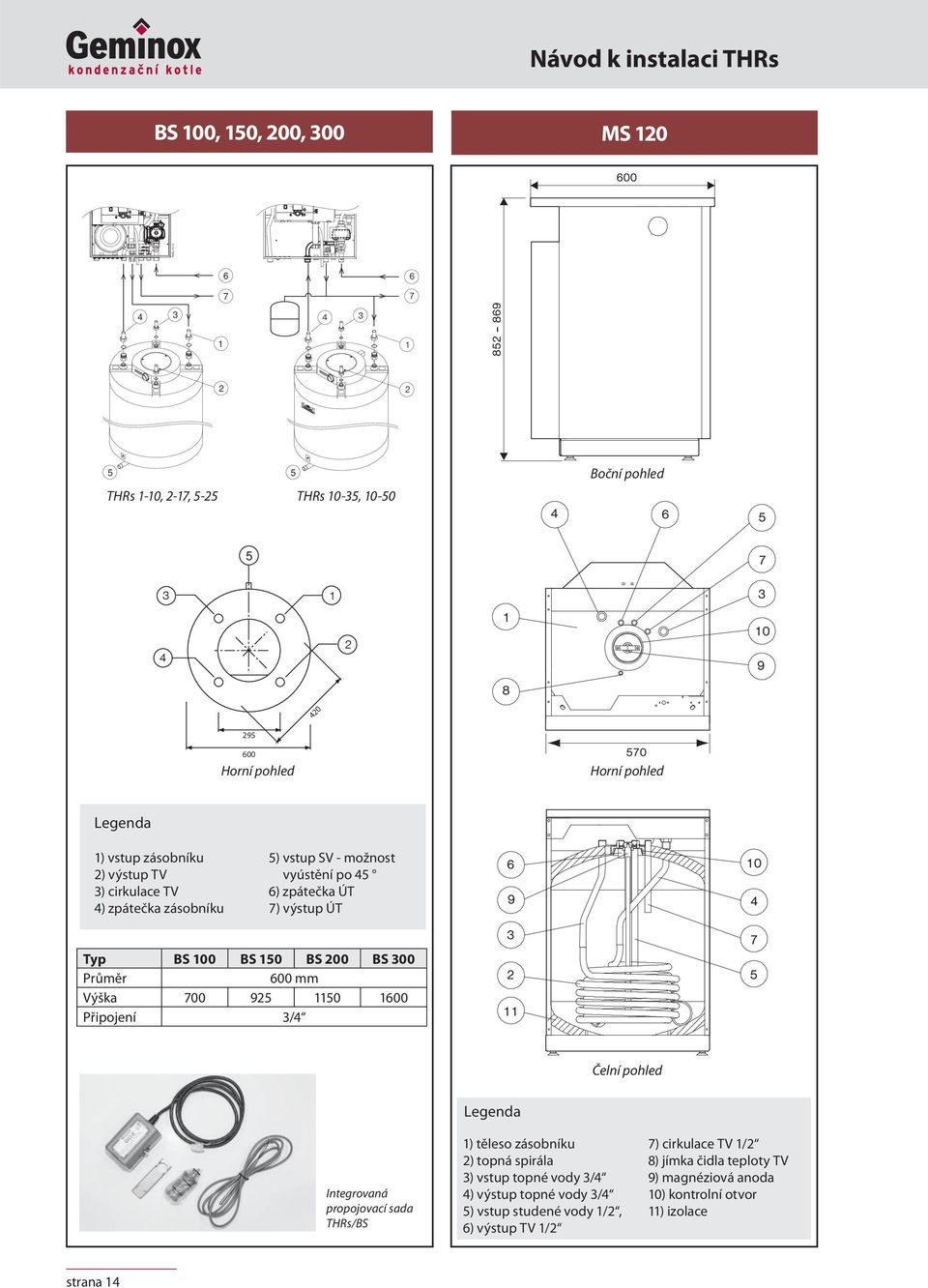 200 BS 300 Průměr 600 mm Výška 700 925 50 600 Připojení 3/4 Čelní pohled Integrovaná propojovací sada THRs/BS Legenda ) těleso zásobníku 2) topná spirála 3) vstup topné