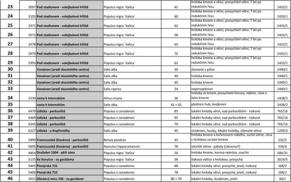 nigra Italica 75 29 2993 Pod stadionem - volejbalové hřiště Populus nigra Italica 62 hniloba kmene a větví, prosychání větví, 7 let po redukčním řezu 2433/1 hniloba kmene a větví, prosychání větví, 7