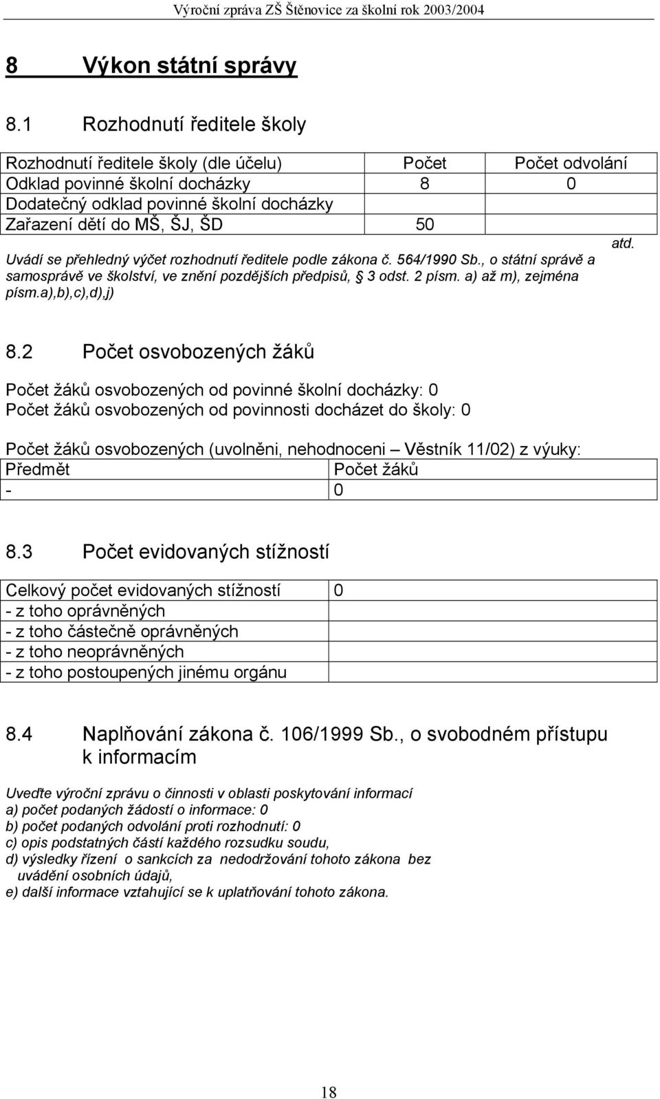 Uvádí se přehledný výčet rozhodnutí ředitele podle zákona č. 564/1990 Sb., o státní správě a samosprávě ve školství, ve znění pozdějších předpisů, 3 odst. 2 písm. a) až m), zejména písm.