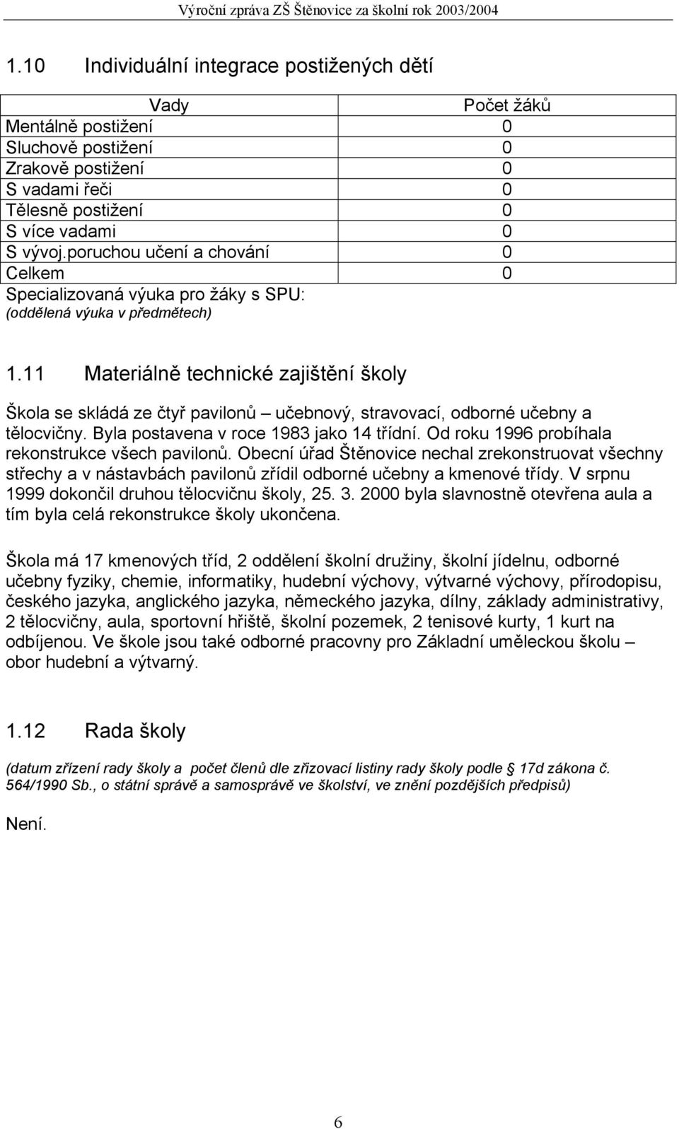 11 Materiálně technické zajištění školy Škola se skládá ze čtyř pavilonů učebnový, stravovací, odborné učebny a tělocvičny. Byla postavena v roce 1983 jako 14 třídní.