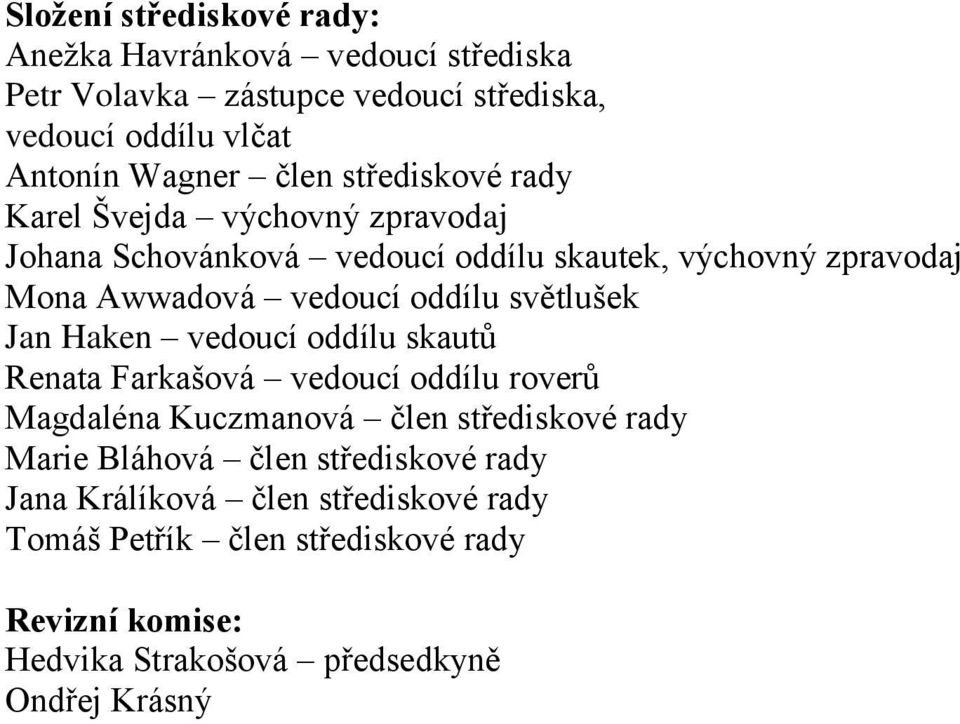 světlušek Jan Haken vedoucí oddílu skautů Renata Farkašová vedoucí oddílu roverů Magdaléna Kuczmanová člen střediskové rady Marie Bláhová člen