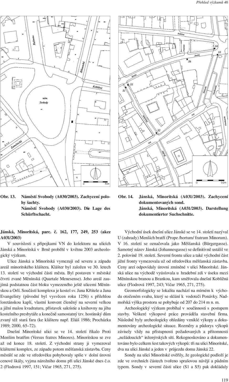 162, 177, 249, 253 (akce A031/2003) V souvislosti s přípojkami VN do kolektoru na ulicích Jánská a Minoritská v Brně proběhl v květnu 2003 archeologický výzkum.