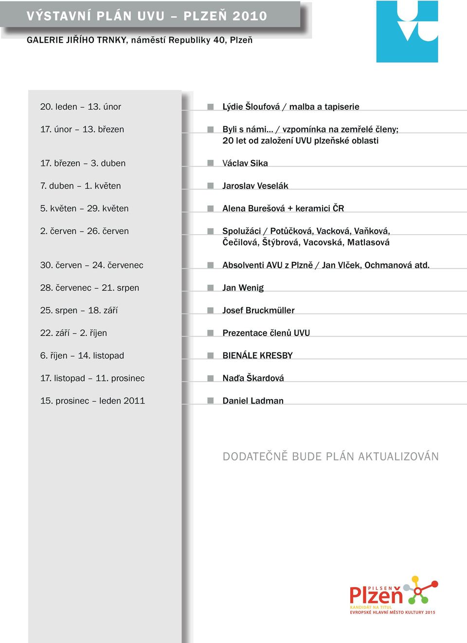 květen Alena Burešová + keramici ČR 2. červen 26. červen Spolužáci / Potůčková, Vacková, Vaňková, Čečilová, Štýbrová, Vacovská, Matlasová 30. červen 24.