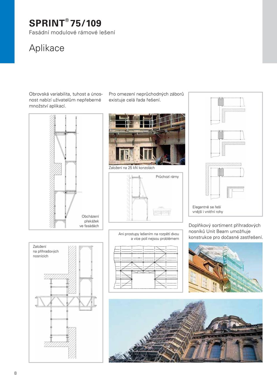 Založení na 25 kn konzolách Průchozí rámy Obcházení překážek ve fasádách Ani prostupy lešením na rozpětí dvou a více polí