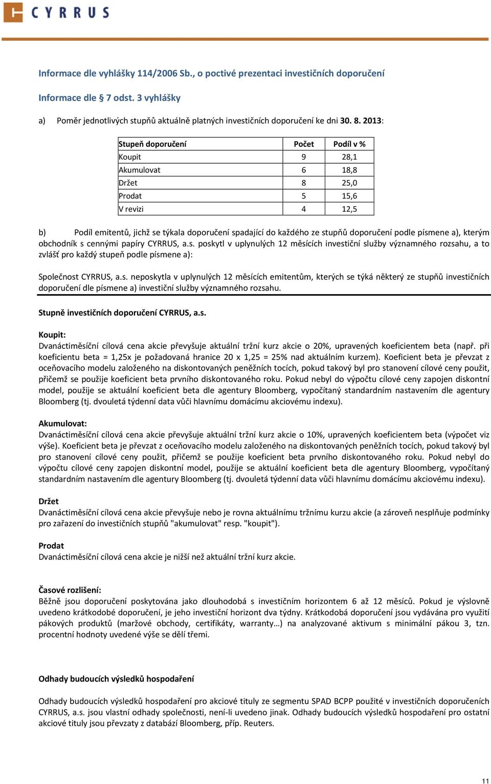 doporučení podle písmene a), kterým obchodník s cennými papíry CYRRUS, a.s. poskytl v uplynulých 12 měsících investiční služby významného rozsahu, a to zvlášť pro každý stupeň podle písmene a): Společnost CYRRUS, a.