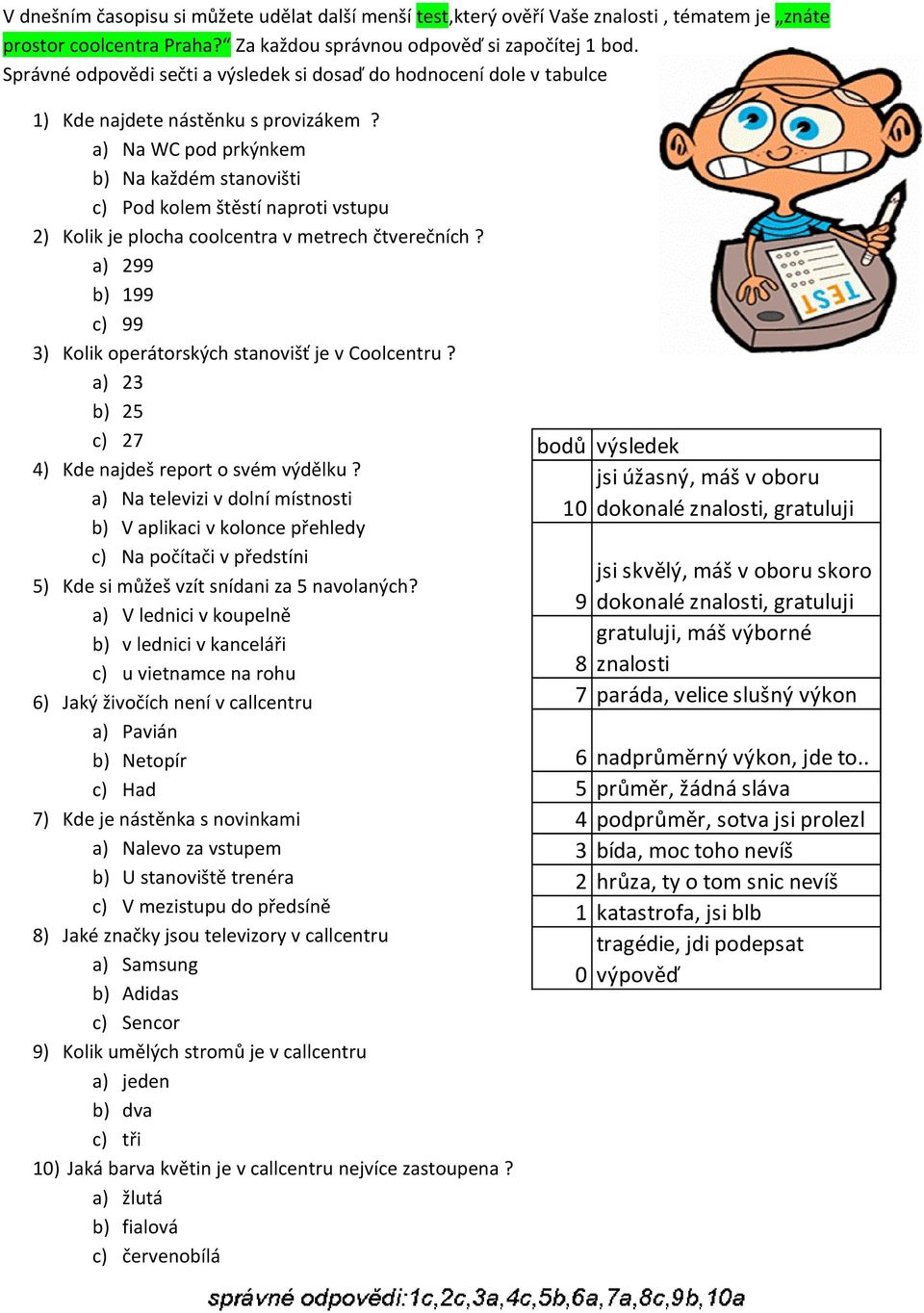 a) Na WC pod prkýnkem b) Na každém stanovišti c) Pod kolem štěstí naproti vstupu 2) Kolik je plocha coolcentra v metrech čtverečních?