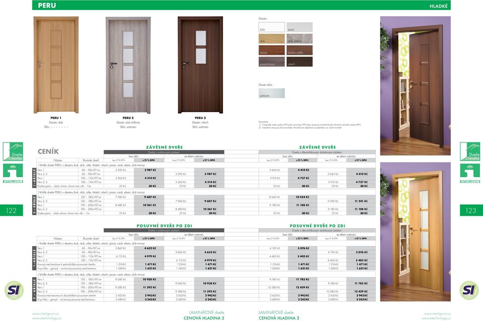 ceník montáží bez 21 % DPH s 21 % DPH bez 21 % DPH s 21 % DPH 1-křídlé dveře PERU v desénu buk,, olše,,, jasan, cedr, eben, tmavý Peru 1 60 90x197 cm 3 295 Kč 3 987 Kč 3 645 Kč 4 410 Kč Peru 2, 3 60