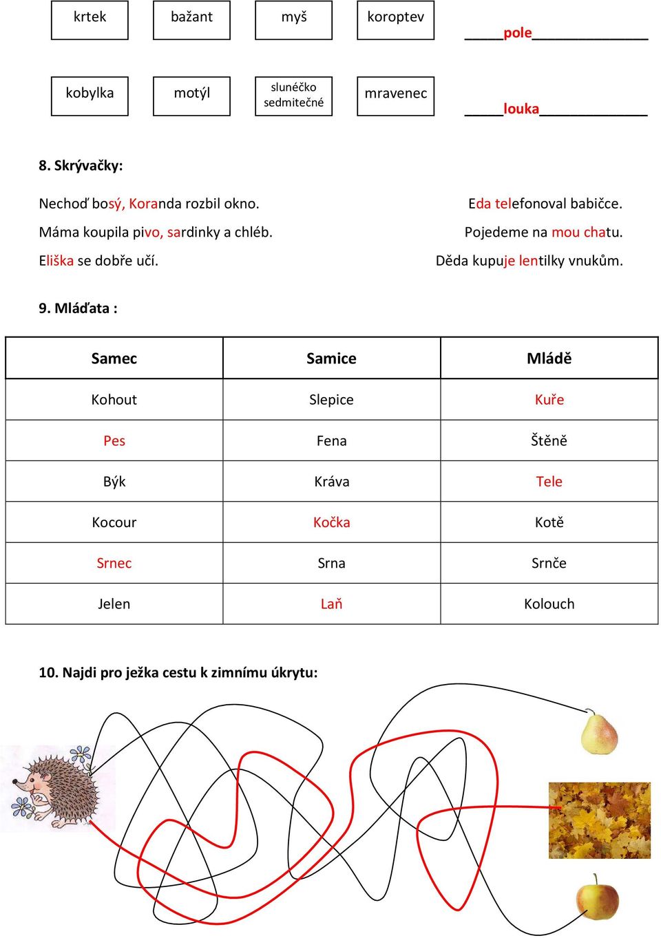 Eda telefonoval babičce. Pojedeme na mou chatu. Děda kupuje lentilky vnukům. 9.