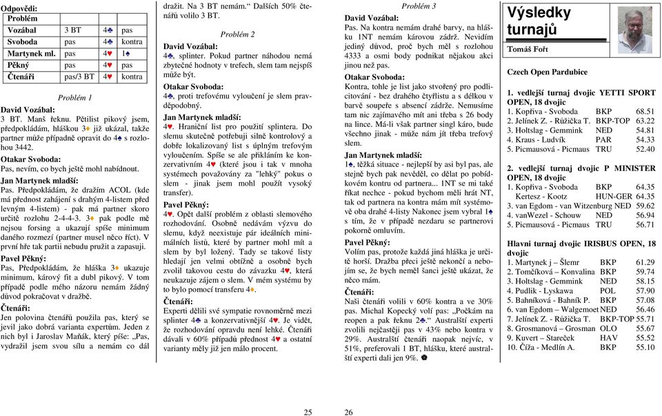 Předpokládám, že dražím ACOL (kde má přednost zahájení s drahým 4-listem před levným 4-listem) - pak má partner skoro určitě rozlohu 2-4-4-3.