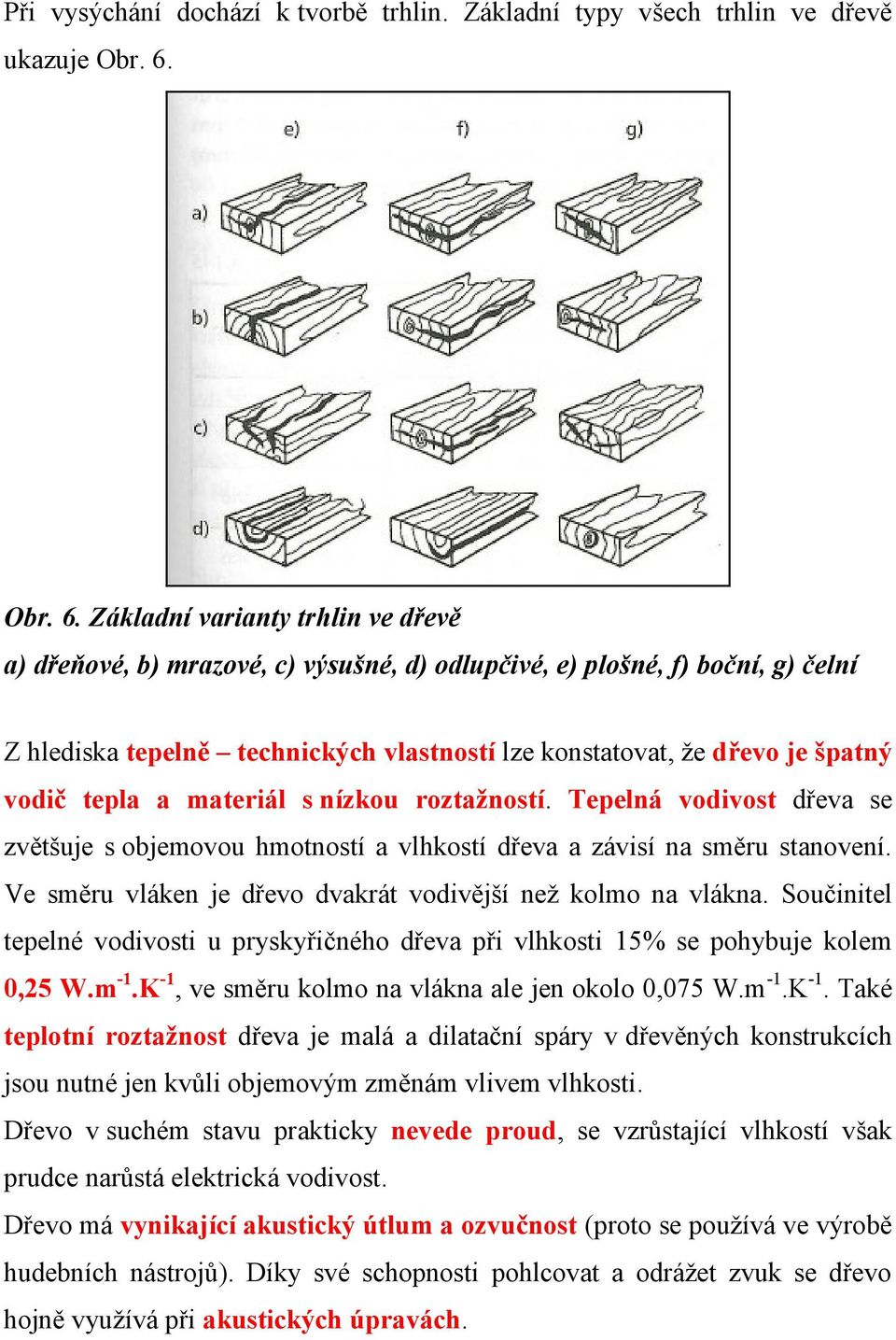 Základní varianty trhlin ve dřevě a) dřeňové, b) mrazové, c) výsušné, d) odlupčivé, e) plošné, f) boční, g) čelní Z hlediska tepelně technických vlastností lze konstatovat, že dřevo je špatný vodič