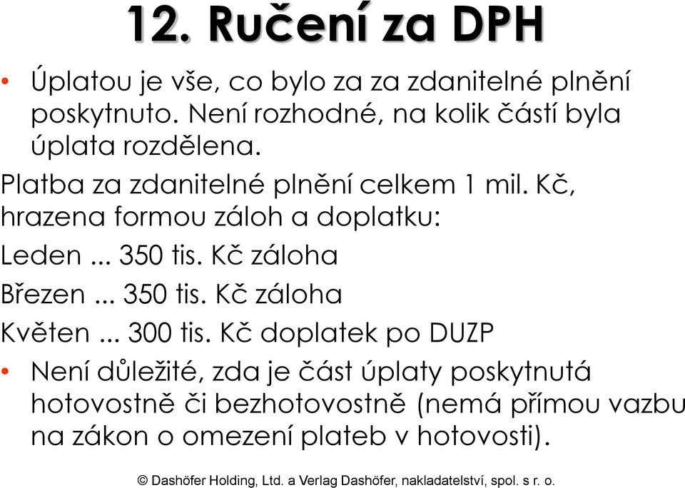 Kč, hrazena formou záloh a doplatku: Leden... 350 tis. Kč záloha Březen... 350 tis. Kč záloha Květen... 300 tis.