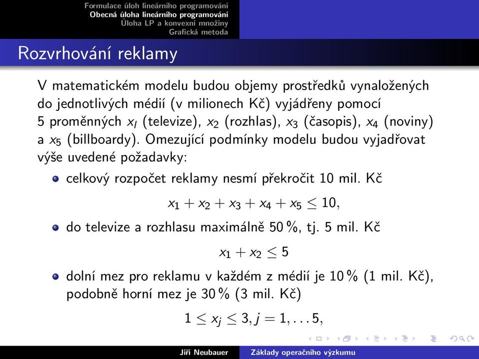 Omezující podmínky modelu budou vyjadřovat výše uvedené požadavky: celkový rozpočet reklamy nesmí překročit 10 mil.