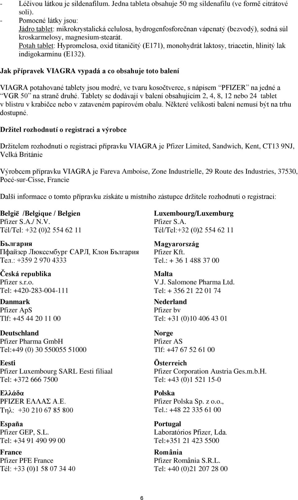 Potah tablet: Hypromelosa, oxid titaničitý (E171), monohydrát laktosy, triacetin, hlinitý lak indigokarmínu (E132).