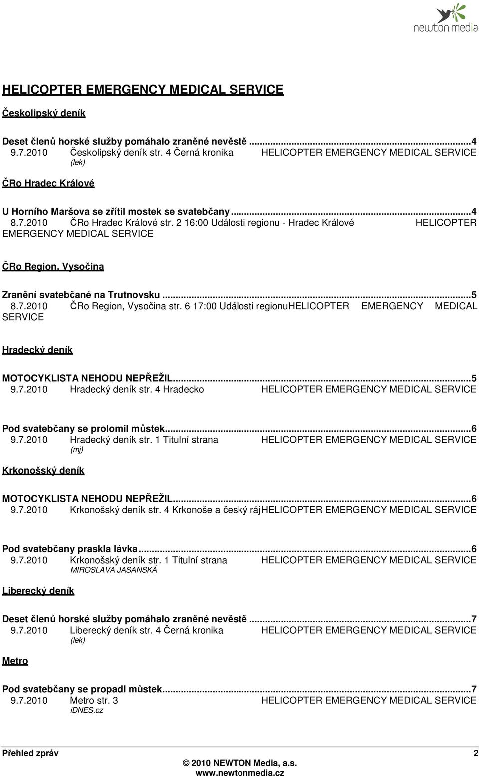 6 17:00 Události regionuhelicopter EMERGENCY MEDICAL SERVICE Hradecký deník MOTOCYKLISTA NEHODU NEPŘEŽIL... 5 9.7.2010 Hradecký deník str.