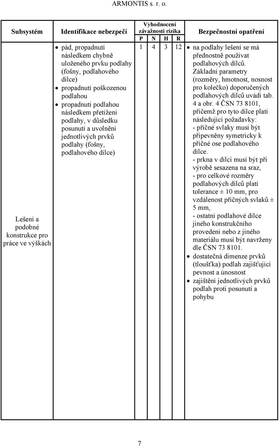 Základní parametry (rozměry, hmotnost, nosnost pro kolečko) doporučených podlahových dílců uvádí tab. 4 a obr.