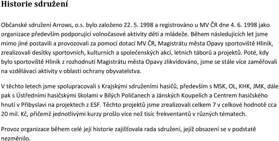 letních táborů a projektů. Poté, kdy bylo sportoviště Hliník z rozhodnutí Magistrátu města Opavy zlikvidováno, jsme se stále více zaměřovali na vzdělávací aktivity v oblasti ochrany obyvatelstva.