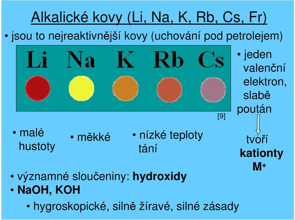 malé hustoty měkké nízké teploty tání významné sloučeniny: hydroxidy