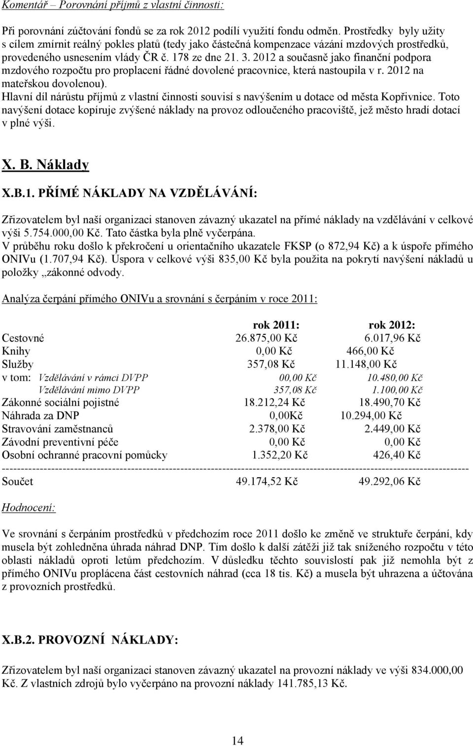 2012 a současně jako finanční podpora mzdového rozpočtu pro proplacení řádné dovolené pracovnice, která nastoupila v r. 2012 na mateřskou dovolenou).