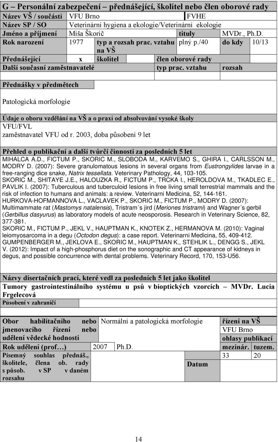 2003, doba působení 9 let Přehled o publikační a další tvůrčí činnosti za posledních 5 let MIHALCA A.D., FICTUM P., SKORIC M., SLOBODA M., KARVEMO S., GHIRA I., CARLSSON M., MODRY D.