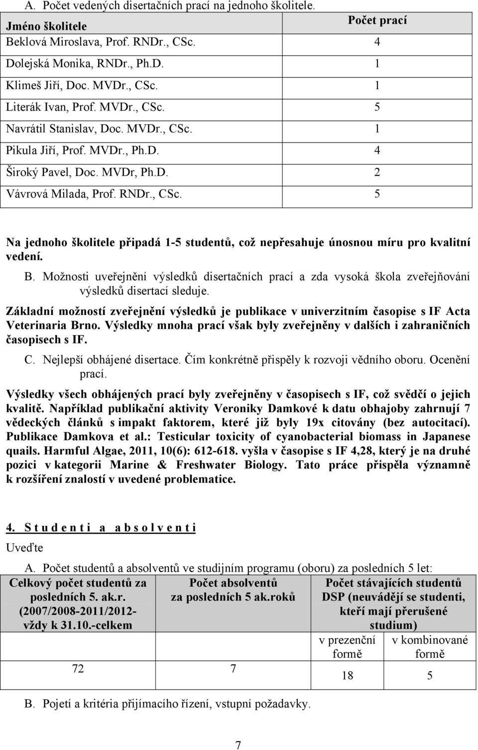 , 5 Na jednoho školitele připadá 15 studentů, což nepřesahuje únosnou míru pro kvalitní vedení. B.