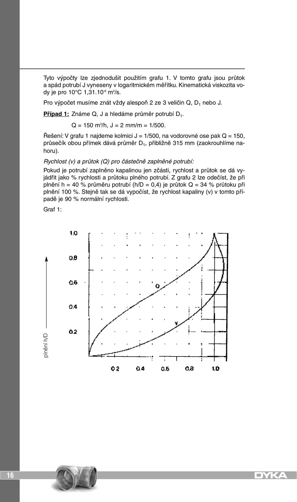 Řešení: V grafu 1 najdeme kolmici J = 1/500, na vodorovné ose pak Q = 150, průsečík obou přímek dává průměr D 1, přibližně 315 mm (zaokrouhlíme nahoru).