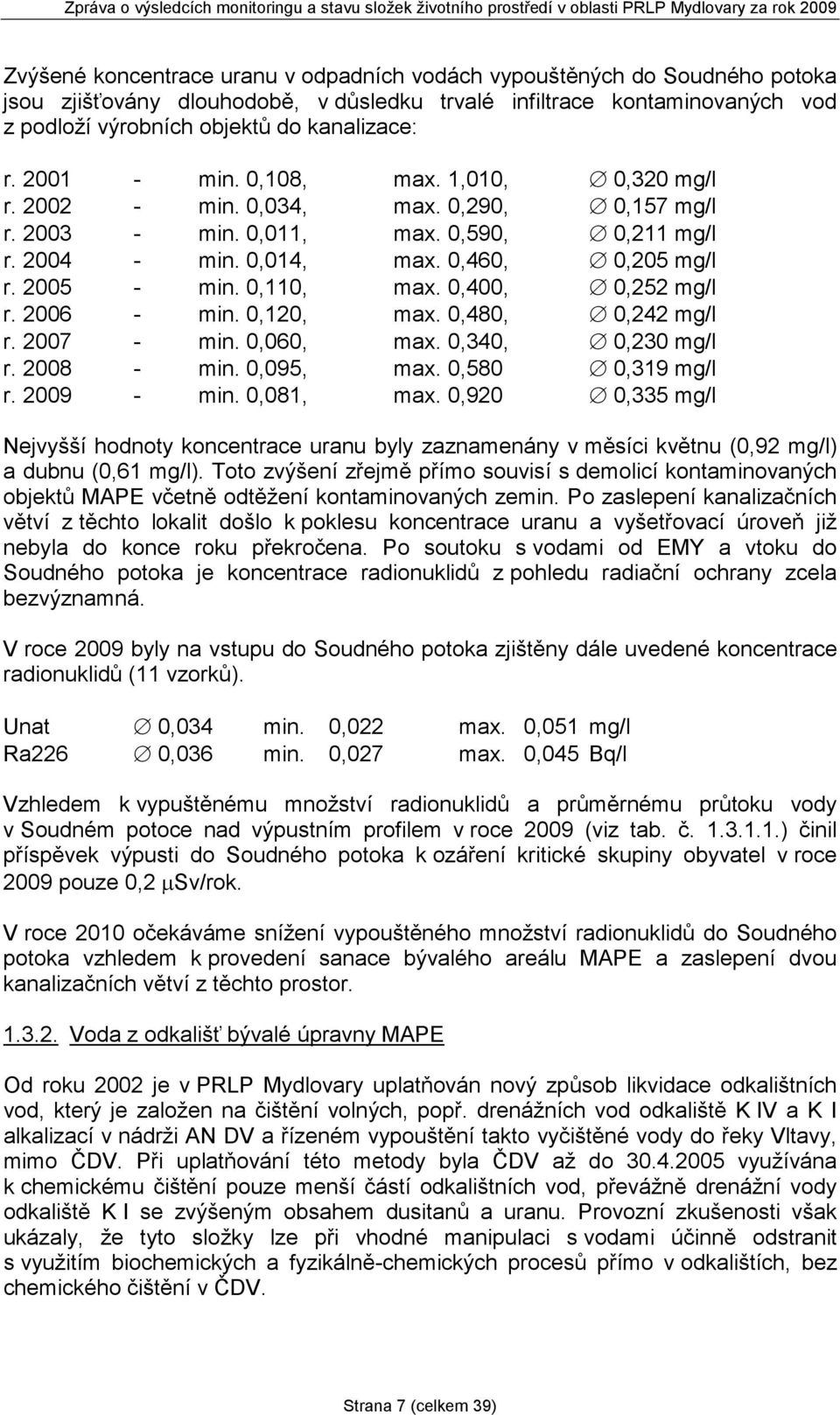 0,110, max. 0,400, 0,252 mg/l r. 2006 - min. 0,120, max. 0,480, 0,242 mg/l r. 2007 - min. 0,060, max. 0,340, 0,230 mg/l r. 2008 - min. 0,095, max. 0,580 0,319 mg/l r. 2009 - min. 0,081, max.