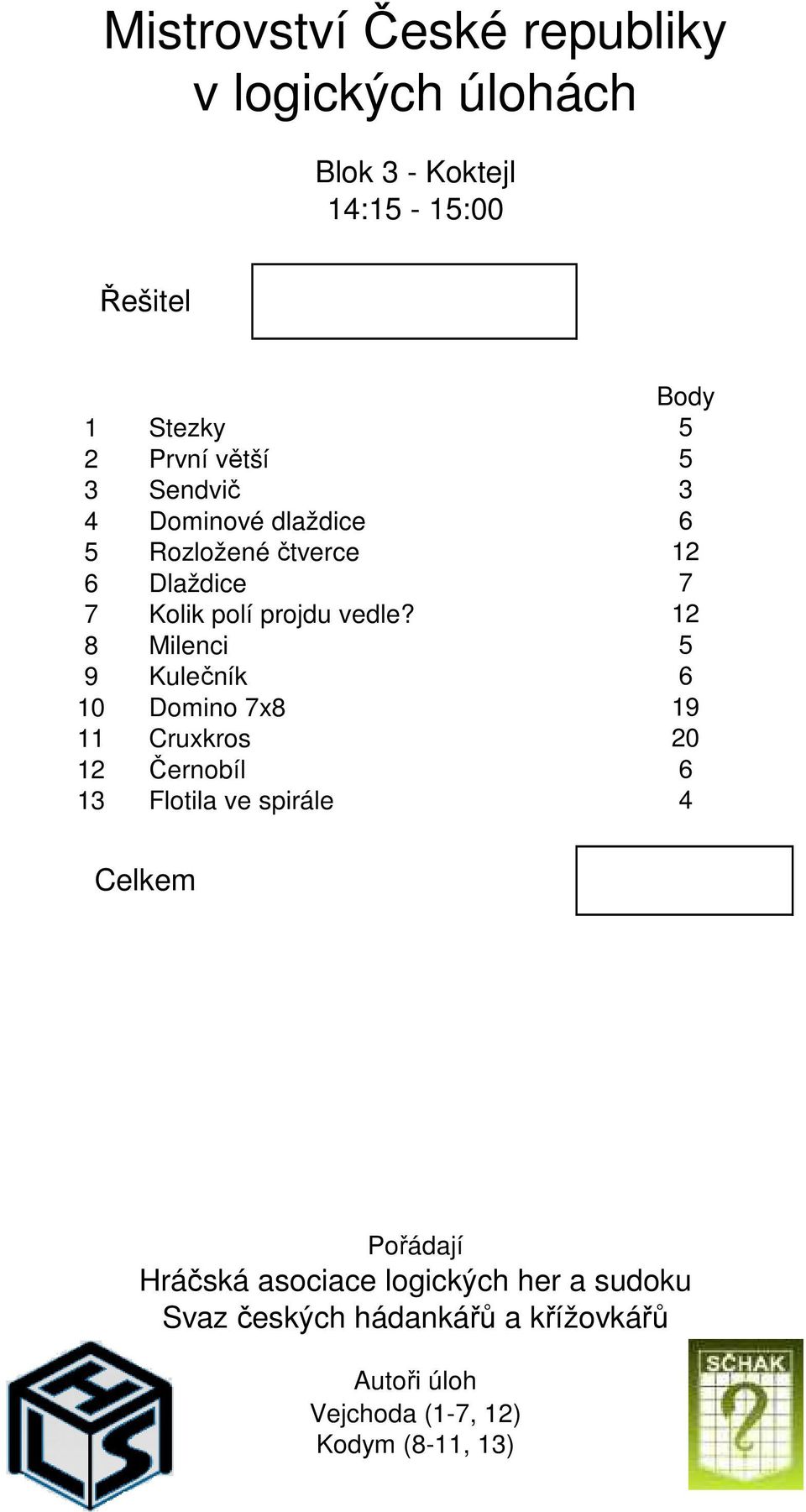 8 Milenci 9 Kulečník Dmin 7x8 Cruxkrs Černbíl Fltila ve spirále Bdy 5 5 6 7 5 6 9 6 Celkem