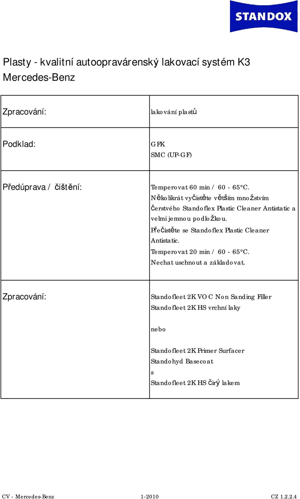 Přečistěte se Standoflex Plastic Cleaner Antistatic. Temperovat 20 min / 60-65 C. Nechat uschnout a základovat.