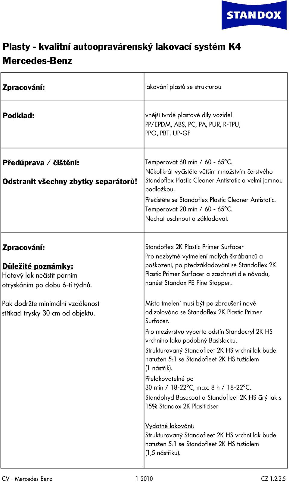 Několikrát vyčistěte větším množstvím čerstvého Standoflex Plastic Cleaner Antistatic a velmi jemnou podložkou. Přečistěte se Standoflex Plastic Cleaner Antistatic. Temperovat 20 min / 60-65 C.