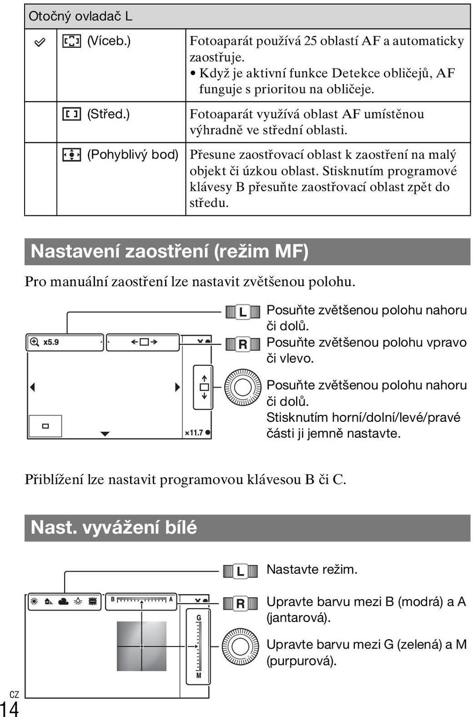 Stisknutím programové klávesy B přesuňte zaostřovací oblast zpět do středu. Nastavení zaostření (režim MF) Pro manuální zaostření lze nastavit zvětšenou polohu.