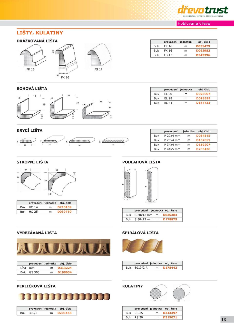 LIŠTA Buk HO 14 m D210109 Buk HO 25 m D039760 Buk S 60x12 mm m D035384 Buk S 80x12 mm m D178875 VYŘEZÁVANÁ LIŠTA SPIRÁLOVÁ LIŠTA Lípa 804 m D313224 Buk GS 503 m