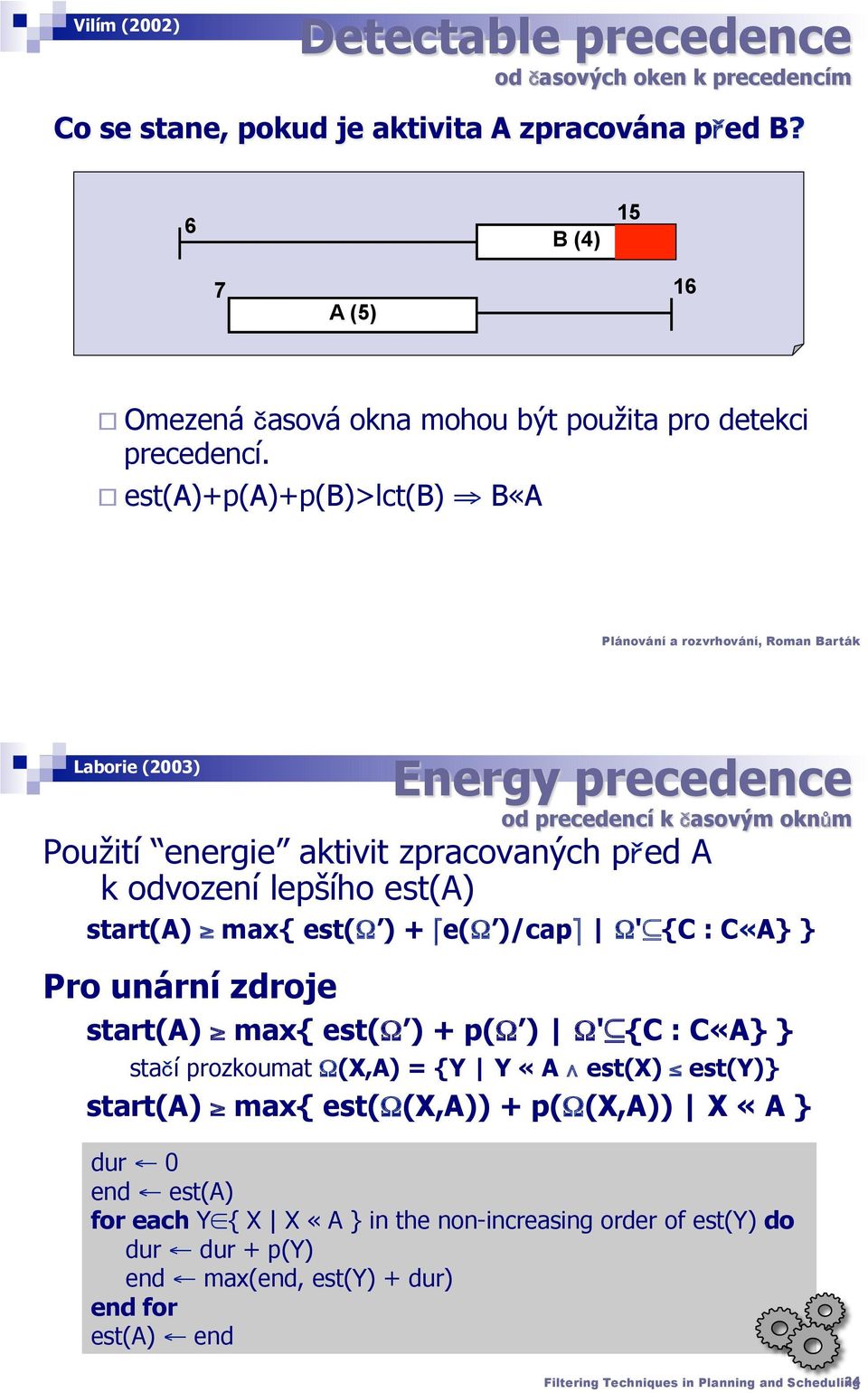 " est(a)+p(a)+p(b)>lct(b) B«A Labore (2003) Energy precedence od precedencí k asovým okn m Použtí energe aktvt zpracovaných p ed A k odvození lepšího est(a) start(a) max{ est(ω ) + +e(ω