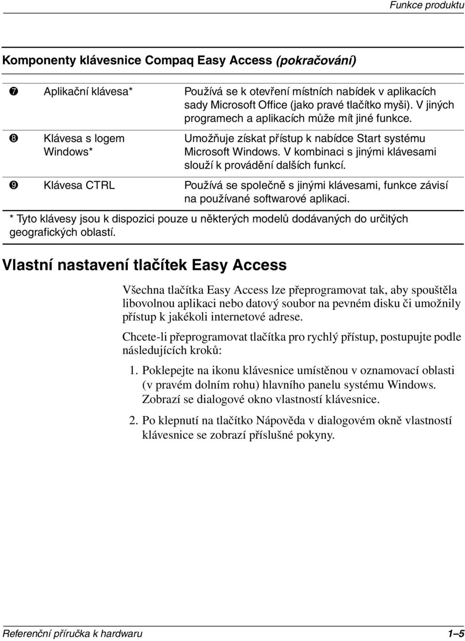 V kombinaci s jinými klávesami slouží k provádění dalších funkcí. 9 Klávesa CTRL Používá se společně s jinými klávesami, funkce závisí na používané softwarové aplikaci.