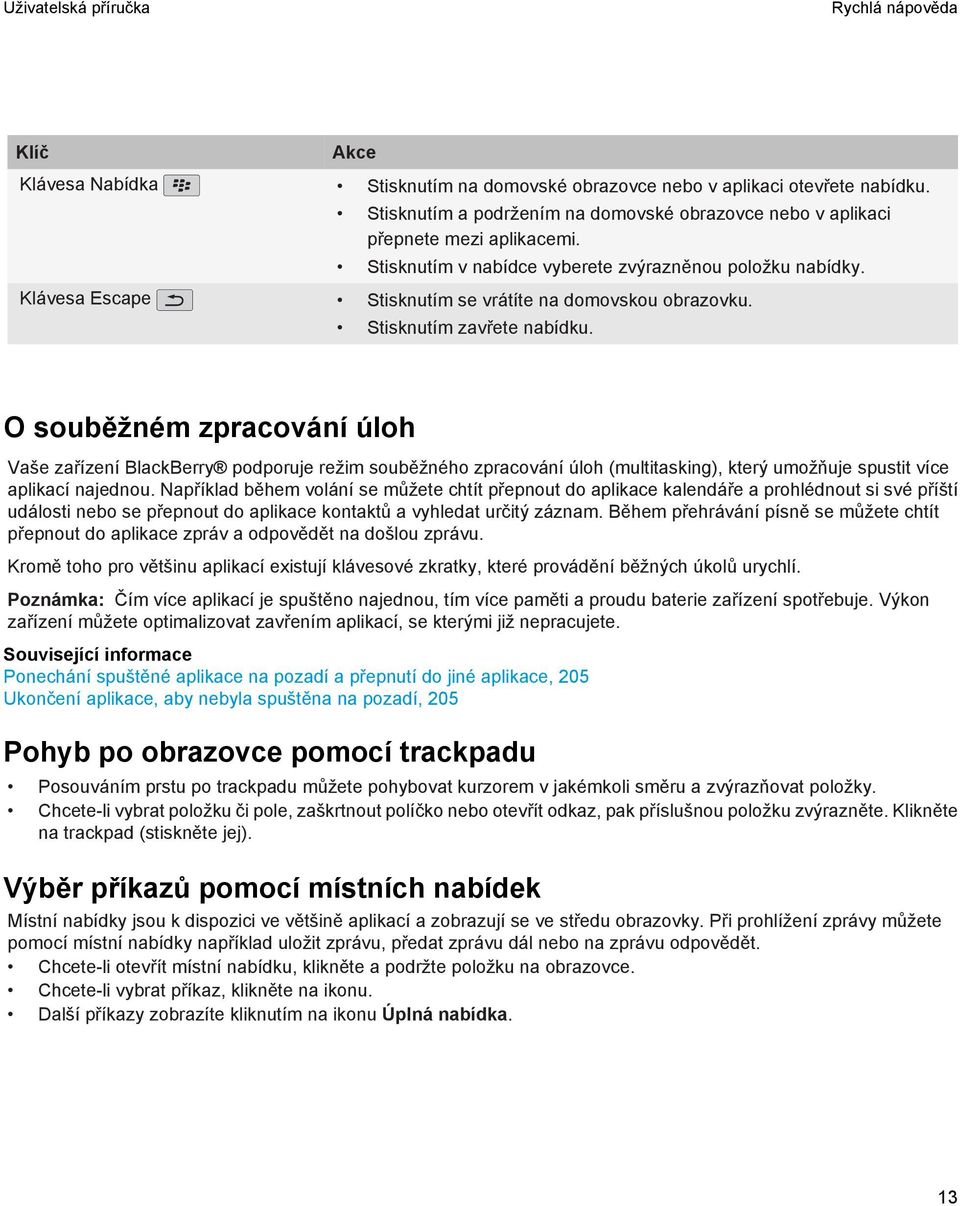 O souběžném zpracování úloh Vaše zařízení BlackBerry podporuje režim souběžného zpracování úloh (multitasking), který umožňuje spustit více aplikací najednou.