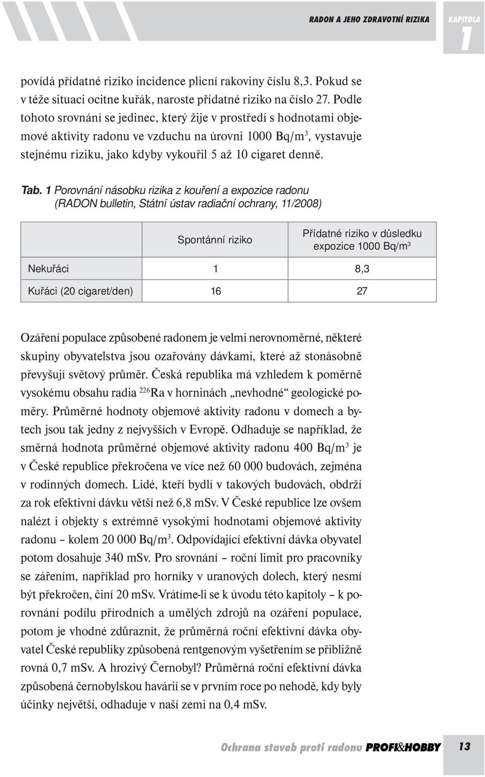 Tab. 1 Porovnání násobku rizika z kouření a expozice radonu (RADON bulletin, Státní ústav radiační ochrany, 11/2008) Spontánní riziko Přídatné riziko v důsledku expozice 1000 Bq/m 3 Nekuřáci 1 8,3