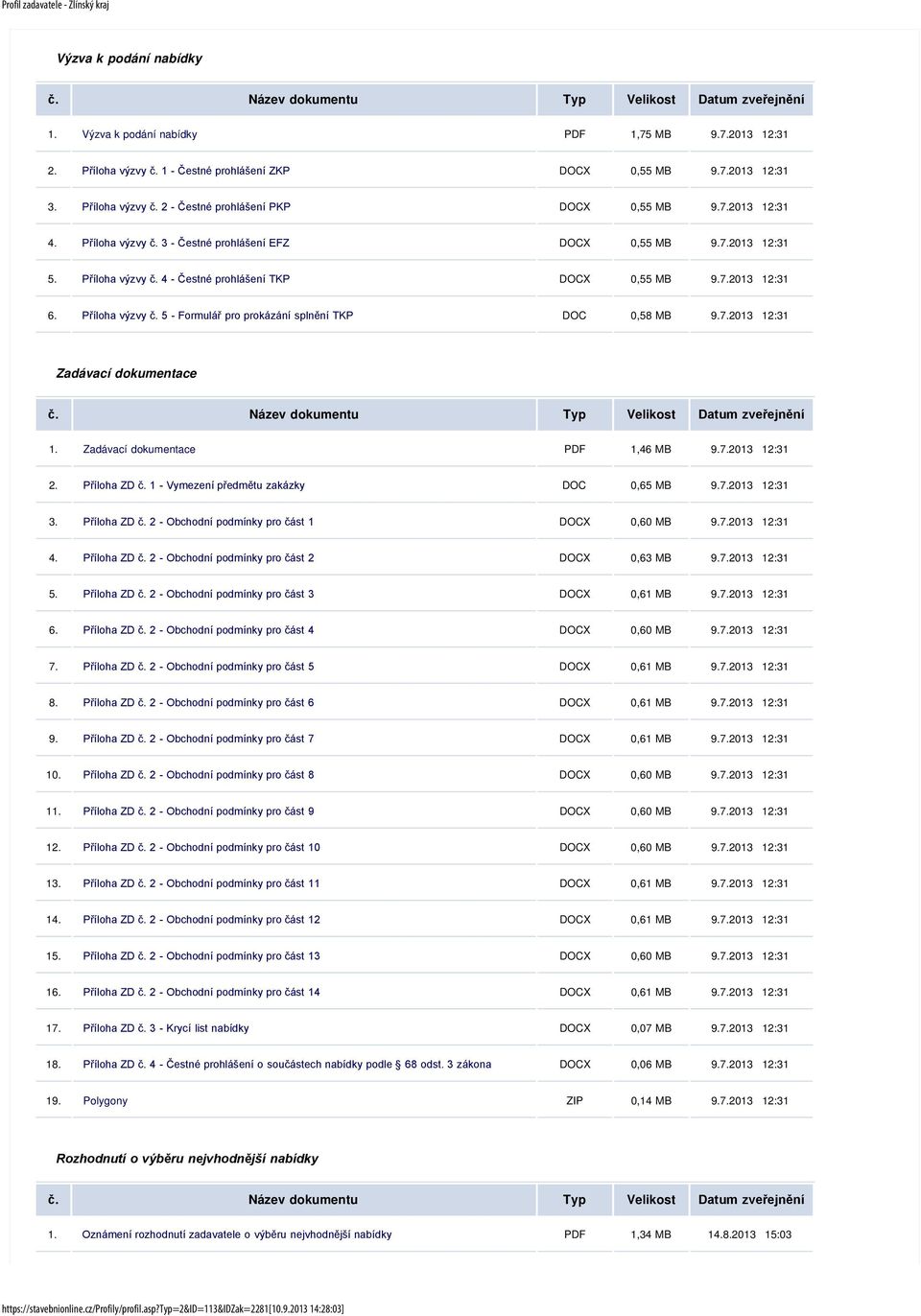 7.2013 12:31 Zadávací dokumentace 1. Zadávací dokumentace PDF 1,46 MB 9.7.2013 12:31 2. Příloha ZD č. 1 - Vymezení předmětu zakázky DOC 0,65 MB 9.7.2013 12:31 3. Příloha ZD č. 2 - Obchodní podmínky pro část 1 DOCX 0,60 MB 9.