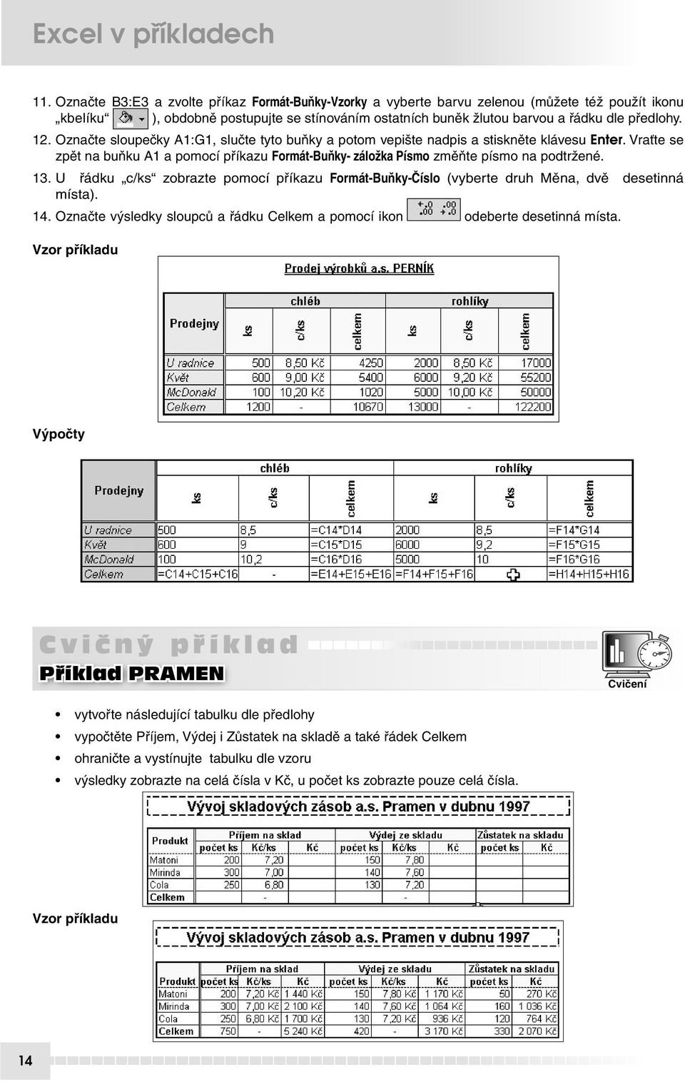 U řádku c/ks zobrazte pomocí příkazu Formát-Buňky-Číslo (vyberte druh Měna, dvě desetinná místa). 14. Označte výsledky sloupců a řádku Celkem a pomocí ikon odeberte desetinná místa.