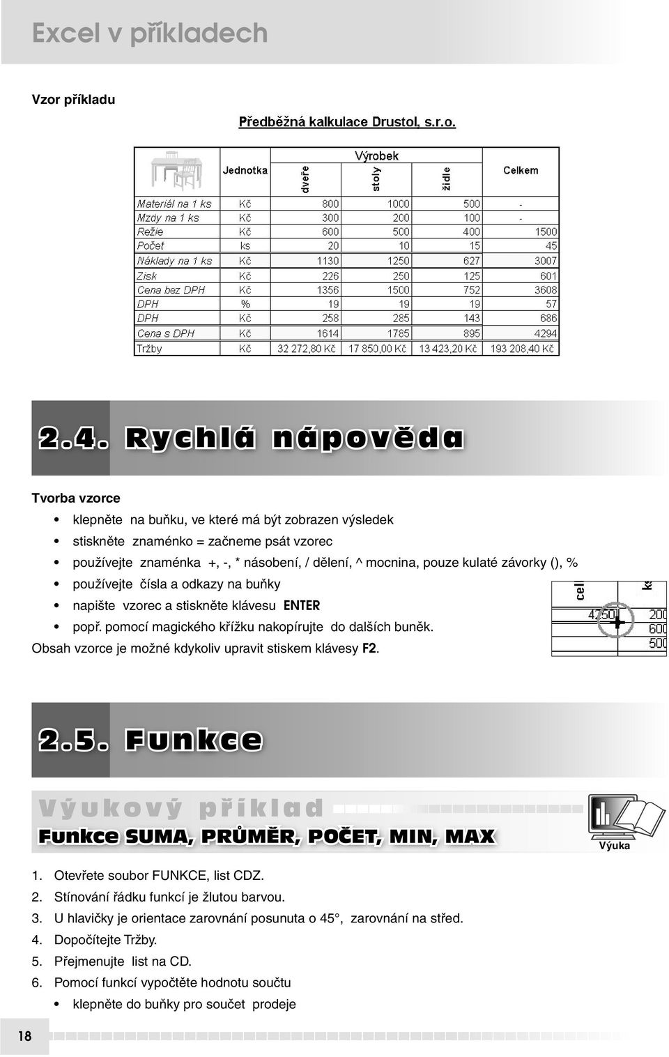 Obsah vzorce je možné kdykoliv upravit stiskem klávesy F2. 2. 5. F u n k c e V ý u k o v ý p ř í k l a d Funkce SUMA, PRŮMĚR, POČET, MIN, MAX Výuka 1. Otevřete soubor FUNKCE, list CDZ. 2. Stínování řádku funkcí je žlutou barvou.